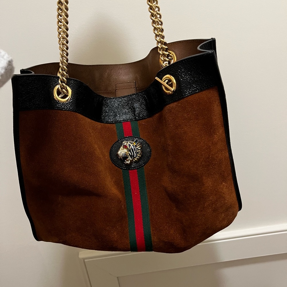 Gucci Brown Suede Tiger Web Rajah Tote Large
